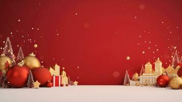 Christmas tree, city, houses, gift box, gold balls, snow, xmas decoration, New Year banner, red background with copy space photo