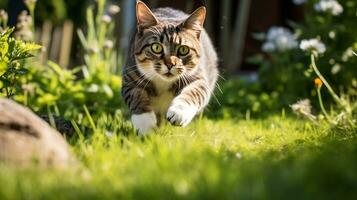 An energetic cat captured mid - pounce, eyes locked onto its unseen prey, against a garden backdrop. Generative AI photo