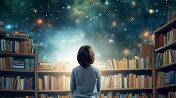 Child in a library, surrounded by books, a universe of stories waiting to be explored. Generative AI photo