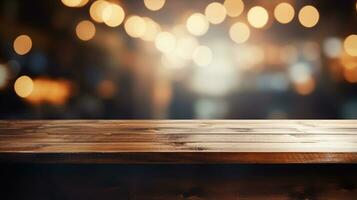 Dark wood table, wooden bar desk, front view, blur background. Generative AI photo