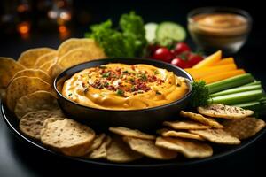 AI Generative. Bowl of pimento cheese with ingredients on wooden table, selective focus photo