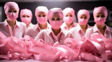 AI Generative. group of women in masks and scrubs working at breast cancer awareness clinic photo