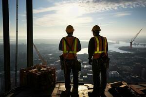 AI Generative. Silhouette of engineer and worker working on construction site photo