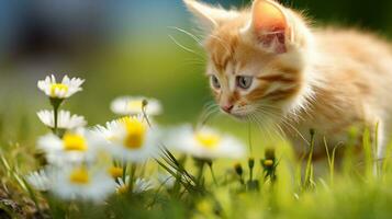 Orange tabby kitten curiously sniffing a blooming daisy in a spring meadow. Generative AI photo