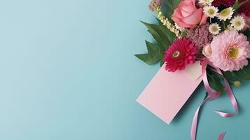 un ramo de flores de flores con un etiqueta, para madres día, cumpleaños, San Valentín día, romántico regalo. web bandera con Copiar espacio. generativo ai foto