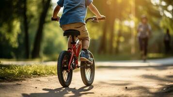 Child learning to ride a bicycle, guardian hands supporting from behind, the thrill of balance. Generative AI photo