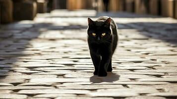 Black cat crossing a cobbled street, an old - world charm mingled with superstitions. Generative AI photo