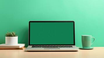 Laptop, computer, isolated green background with copy space. Generative AI photo