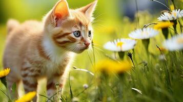 naranja atigrado gatito curiosamente olfateando un floreciente margarita en un primavera prado. generativo ai foto
