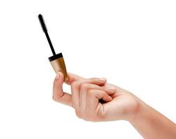 Female Hand Holding Black Mascara Brush For Eyelashes Closeup Photo Isolated On White Background