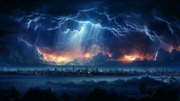 Background of lightning strikes above the clouds ai photo