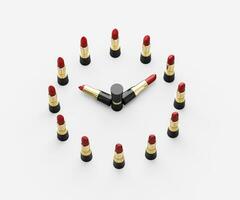 Creative Clock Design Made Of Red Lipsticks 1 50 One Fifty Closeup Photo Top View White Background
