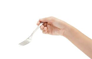 Female Hand Holding A Silver Stainless Fork Closeup Photo Isolated On White Background