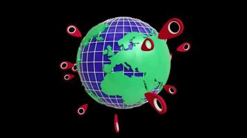 planet Earth with red pointers 3d.world location pin video