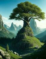 Huge Tree Landscape On The Mountain Illustration Generative Ai photo