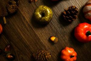 Halloween decorations background. Halloween Scary pumpkin head on wooden table Halloween holiday concept photo