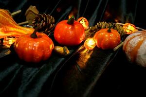 Halloween decorations background. Halloween Scary pumpkin head on wooden table Halloween holiday concept photo