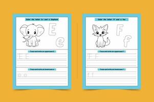 Letter E And F Handwriting Practice Sheet with Animal vector