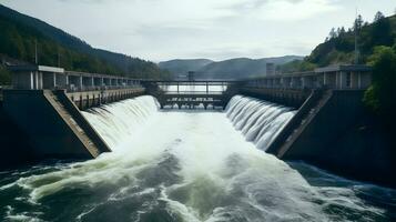 Showcasing the Synergy of Hydroelectric Dam and Rushing River in Clean Energy Generation AI Generative photo