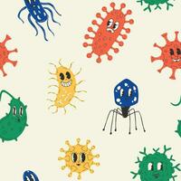 Seamless pattern with Cute Cartoon bacteria, virus character. Old animation 60s 70s, funny cartoon characters vector