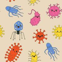 Seamless pattern with  Cute Cartoon bacteria, virus character. Old animation 60s 70s, funny cartoon characters. vector