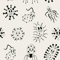 Seamless pattern with Cute Cartoon black and white bacteria, virus character. Old animation 60s 70s, funny cartoon characters. vector