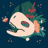 Vector illustration of a dinosaur skull with a flower.