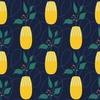 Hand-drawn color vector seamless pattern with vases and flowers.