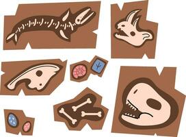 Dinosaurs fossils, ancient dinosaur skeleton. Paleontological excavation elements vector set.