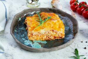 Meat lasagna with bolognese sauce and bechamel sauce. Classic lasagna photo