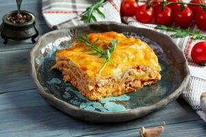 Meat lasagna with bolognese sauce and bechamel sauce. Classic lasagna photo
