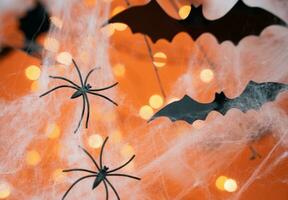 Festive Halloween decoration with spiders, bats and cobwebs. Close-up. Selective focus. photo