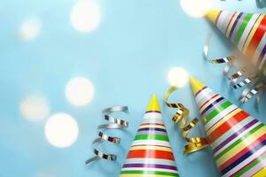 Bright colored party hats and holiday decor with beautiful bokeh on a blue background. Holidays concept. Top view. Copy space. photo