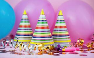 Colored party hats, balloons, confetti for Birthday party on pink background. Close-up. photo