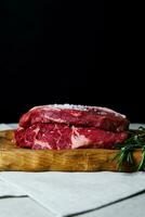 Raw organic beef meat with rosemary, seasonings, salt and red pepper  on wooden cutting board photo