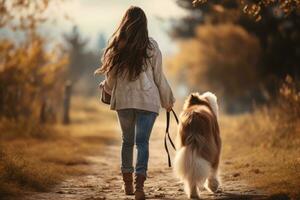 joven mujer caminando su perro en el parque en otoño día, ai generado foto