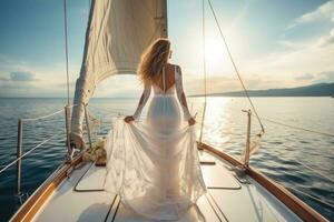 blonde woman with hat on a yacht and enjoys the summer holiday over the tropical ocean, AI Generated photo