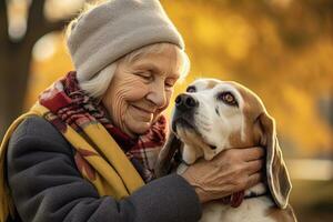 senior woman holding her beagle , outdoor autumn park, AI Generated photo