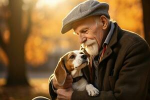 mayor hombre participación su beagle , al aire libre otoño parque, ai generado foto