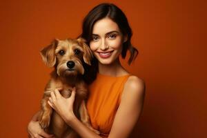 young adult woman holding her dog on orange background , AI Generated photo