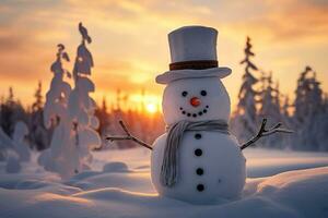 Snowman on the sunset background. Generative AI. photo