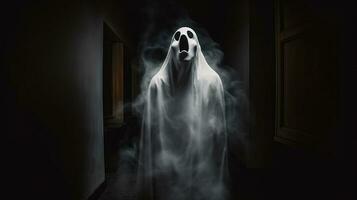 Halloween ghost in spooky empty house, dark mysterious background. AI generated. photo