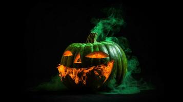 Víspera de Todos los Santos de miedo calabaza en verde fuego, negro antecedentes. ai generado. foto