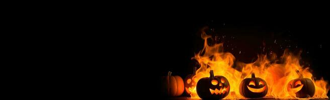 Halloween, fire pumpkin in flame, dark background, mystical composition. AI generated. photo