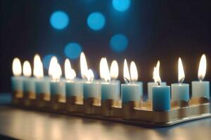 Religion image of jewish holiday Hanukkah with burning candles. AI generated photo