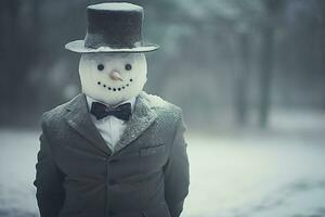 Snowman wearing suit on snow background. Generative AI. photo