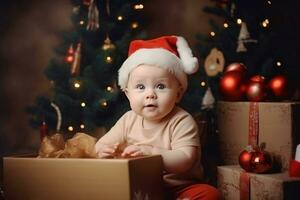 Cute baby in a red Santa hat with gift box on Christmas tree background. AI generated photo