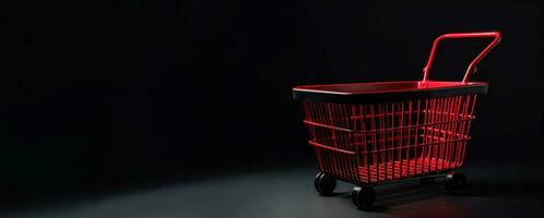 Red shopping cart on black background. Black Friday and Cyber Monday concept. AI generated. photo