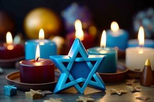 Religion image of jewish holiday Hanukkah with burning candles. AI generated photo