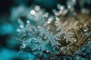 Crystal of snowflake macro on snow background in sunny day. Beautiful ice crystals during frost in winter. AI generated photo
